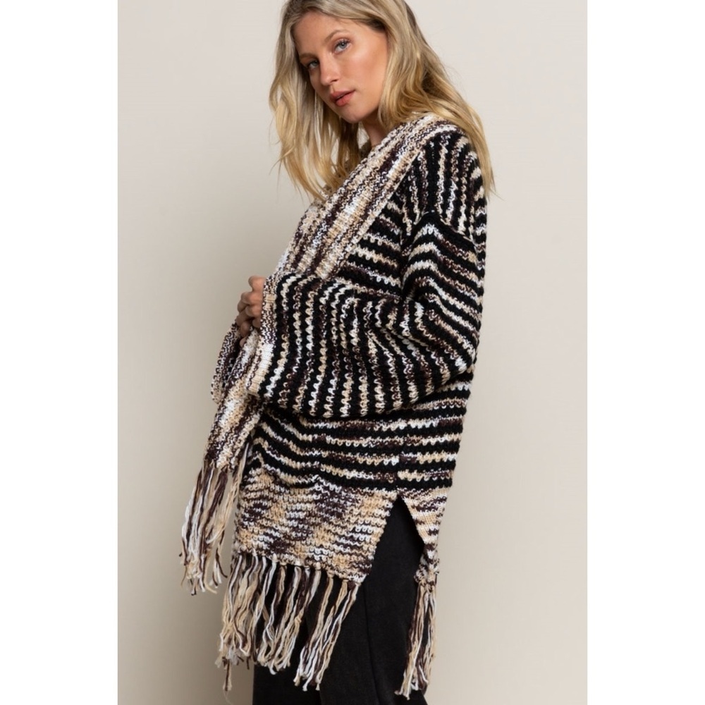 POL Beige Tan Cream Shawl Collar Cardigan with Fringe | Oversized Boho Knit - Picture 4 of 10